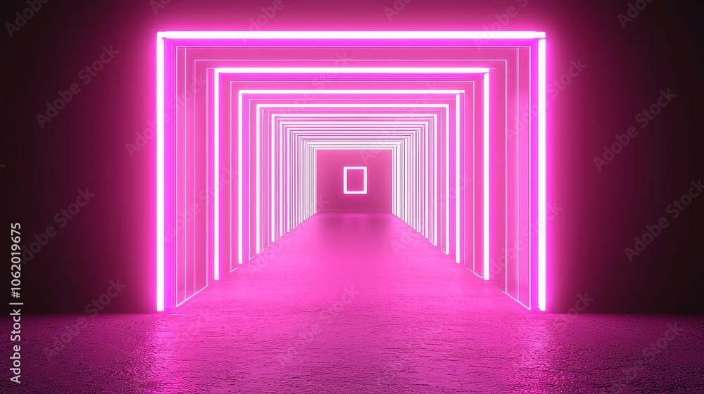 Poster neon tunnel animation, vibrant tunnel illuminated by neon lights, featuring rotating square frames, 