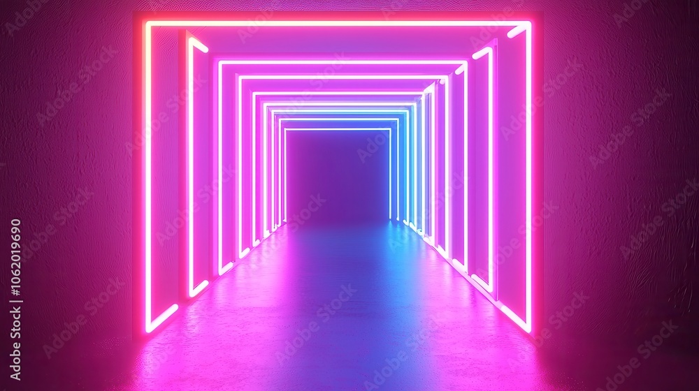 Poster neon tunnel animation, vibrant tunnel with rotating square frames, dynamic abstract background, capt