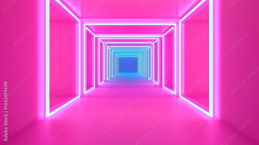 Poster neon tunnel animation, vibrant neon tunnel with rotating square frames, dynamic abstract background,