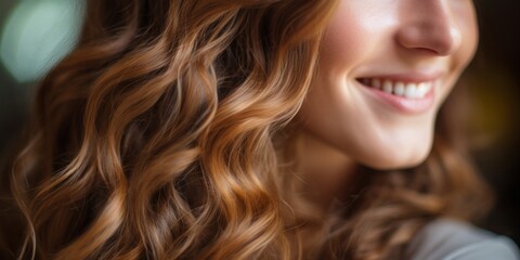 Naklejka premium Beautiful laughing model girl with long curly hair. Studio shot. Beauty saloon. Selective focus. Generative AI.