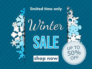winter sale, template discount banner design on the background many different snowflakes. modern vector illustration flyer, poster to promote purchases in the winter season en white and blue tones