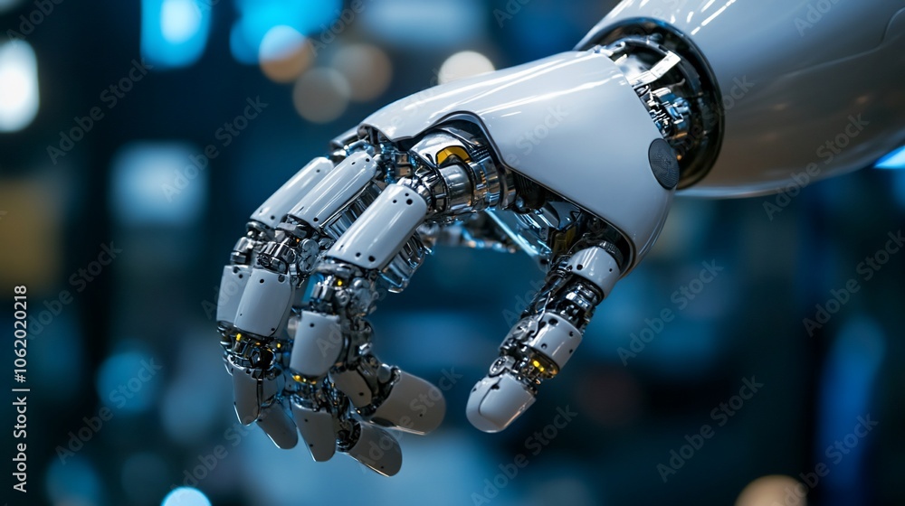 Poster a close-up of a robotic hand with intricate details and a futuristic design.