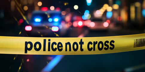 police line with and blurred background of a city street at night. Background for a crime scene