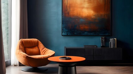 A dark blue wall with an abstract painting, a round orange table and chair in front of it, a dark wood floor, a minimalist style