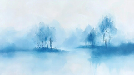 Fototapeta premium Watercolor Painting of a Misty Forest Landscape with Trees and a River