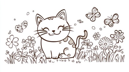 Obraz premium A Smiling Cat Surrounded by Flowers and Butterflies. Coloring book illustration.