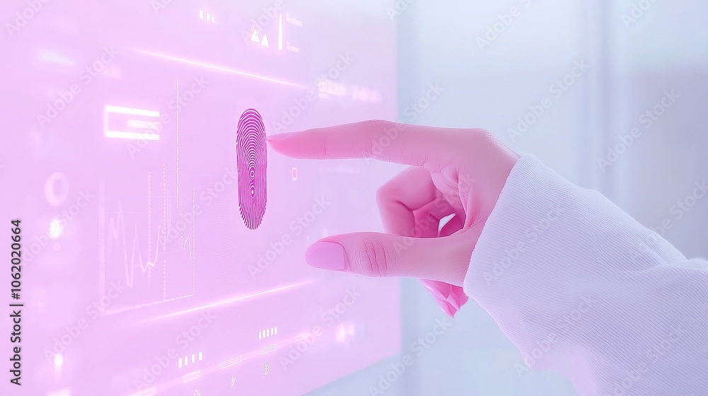 Poster futuristic user interface interaction, woman’s hand engaging with a vibrant fingerprint hud, digital