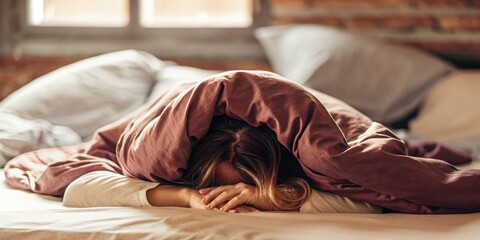 Woman Hiding Under Blanket in Cozy Bedroom