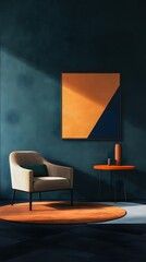 A dark blue wall with an abstract painting, a round orange table and chair in front of it, a dark wood floor, a minimalist style