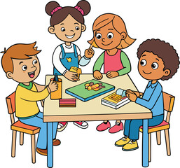 Aventuras en el aula niños de dibujos animados aprendiendo y jugando en fondo blanco ilustración vectorial