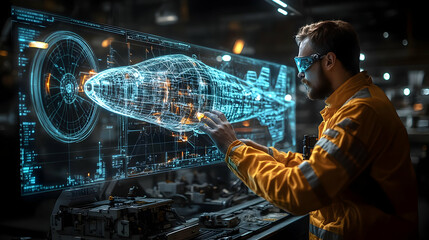 Engineer Using Holographic Projection to Design Futuristic Engine - Illustration