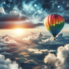 Naklejka premium A colorful hot air balloon flying high in the sky, adventure journey through the clouds, freedom and fun in travel, scenic summer vacation experience, copy space.
