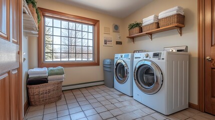 Laundry room with washing machine, towels, and detergents