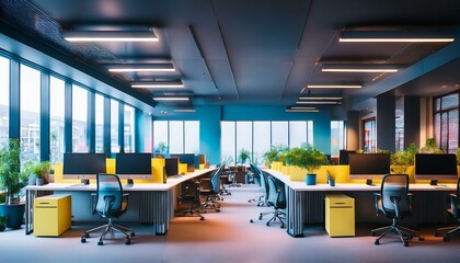 Colored business interior with coworking space with pc computers in row