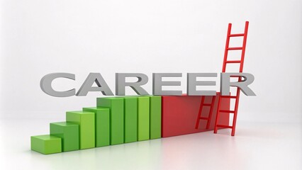 Career Growth concept in large gray letters, ascending green bar graph, orange platform, red ladder V2