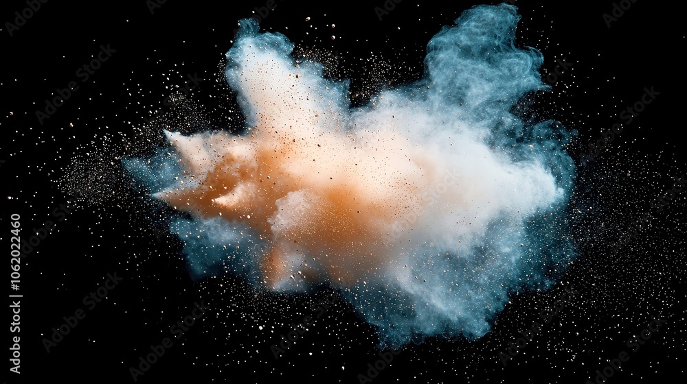 Poster dust particles suspended in the air, illuminated by soft sunlight against a deep black backdrop, cre