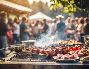 Grilling flavorful meats at a lively outdoor party in the summer sunshine. Generative AI