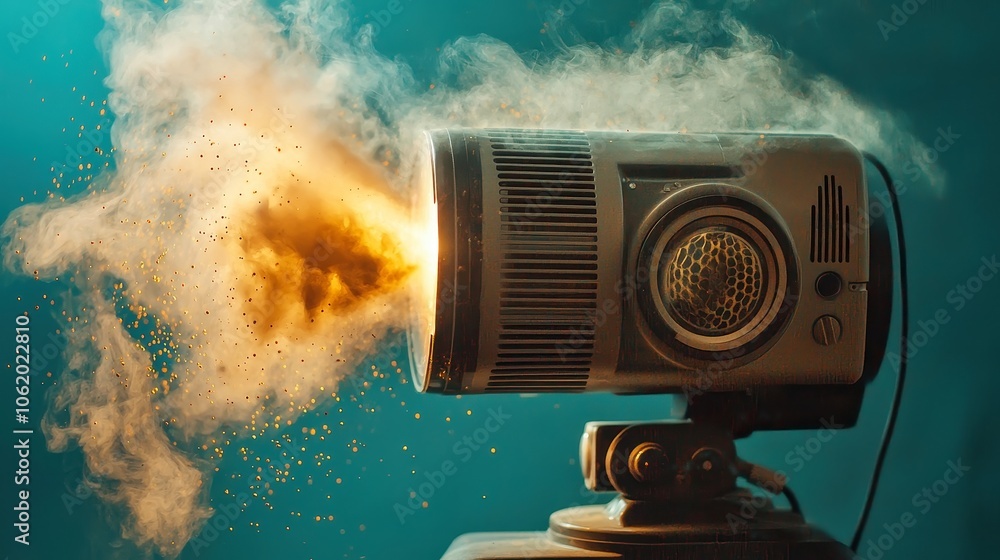 Poster bright projector beam illuminating dust particles, macro close-up view highlighting particles in fre