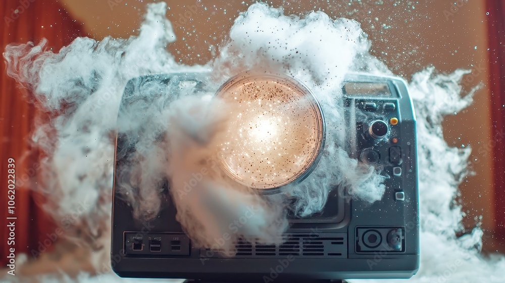 Poster bright projector light illuminating a stream of dust particles, macro close-up view, emphasizing the