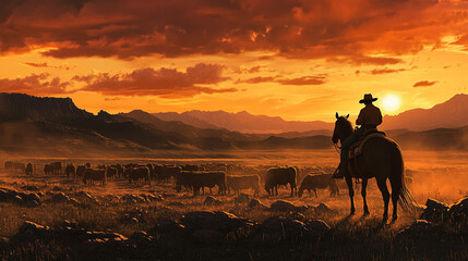 Cowboy Riding Horse at Sunset with Cattle Herd in a Wide Open Landscape