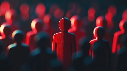 Distinctive Red Wooden Figure Symbolizing Human Resources in a Crowd, Focused Front View