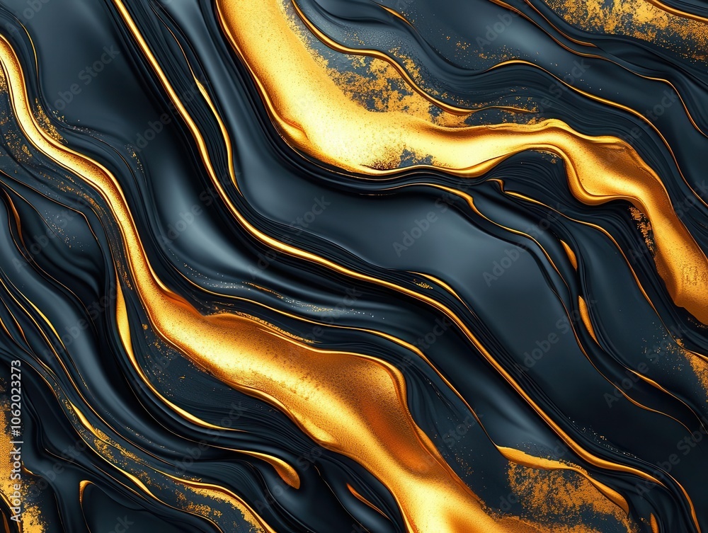 Poster a flowing abstract design featuring glossy black and shimmering gold waves, creating a luxurious and