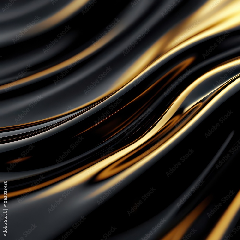 Poster a close-up abstract image featuring smooth, wavy surfaces in black and golden tones, creating a luxu