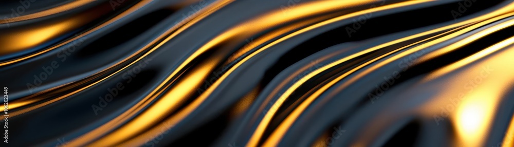 Poster a close-up view of flowing, luminous golden and black waves, reflecting light and creating an abstra