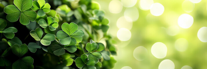 Fototapeta premium Vibrant St. Patrick's day celebration with lush green clovers. Irish traditional holiday. Horizontal banner. Copy space. Template for greeting card, poster, flyer, web, social media