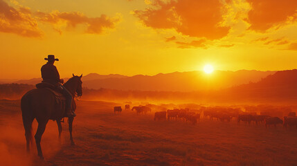 Cowboy Silhouette Riding Horse at Sunset with Cattle Herd in Field