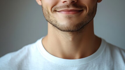 Fototapeta premium closeup of caucasian softly smiling man wearing white T-shirt on grey color background