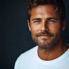 Obraz premium closeup minimalistic portrait of caucasian softly smiling man is 40 years old wearing white T-shirt on dark grey background