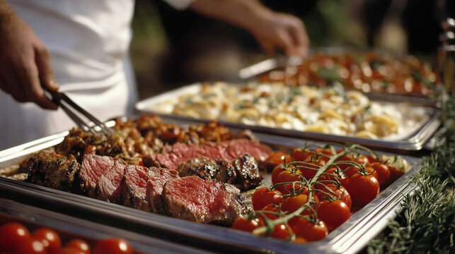 Gourmet Buffet Catering with Sliced Steak  Cherry Tomatoes  and Creamy Pasta