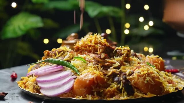 Mutton Biryani in plate with salad on table