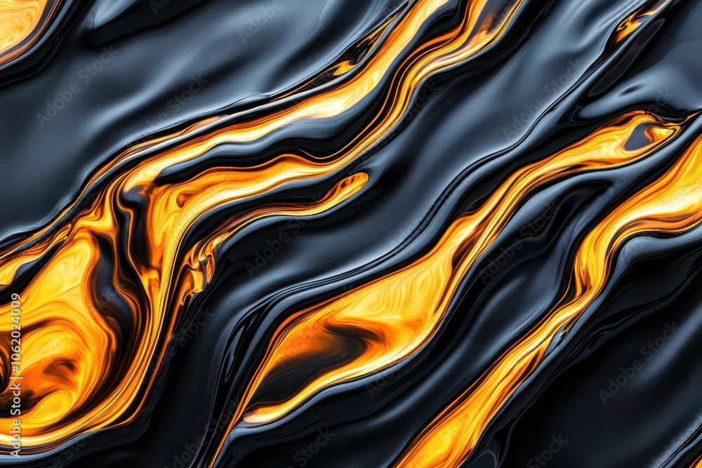 Poster a vibrant abstract image featuring flowing black and golden waves, creating a dynamic visual pattern