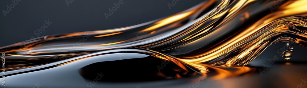 Poster a sleek, flowing pattern of golden liquid on a dark background, creating an elegant and dynamic visu