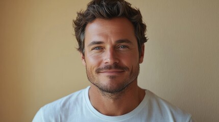 Obraz premium caucasian softly smiling man is 35 years old with beard wearing white T-shirt on beige color background, minimalistic male portrait