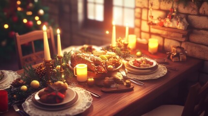 Naklejka premium Festive Christmas table with a roast dinner, candles, and decorative place settings for a joyful holiday feast