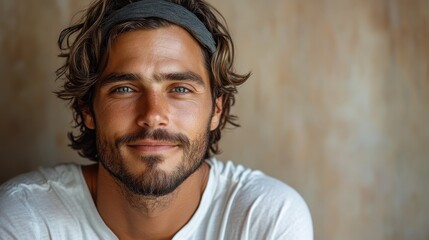 Obraz premium closeup portrait of European caucasian man is 30 years old in white T-shirt with black headband on head on beige background, lovelace, ladies man