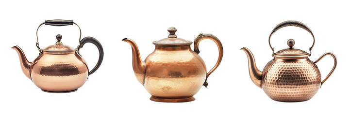 Set of antique copper kettle teapot isolated on a transparent background