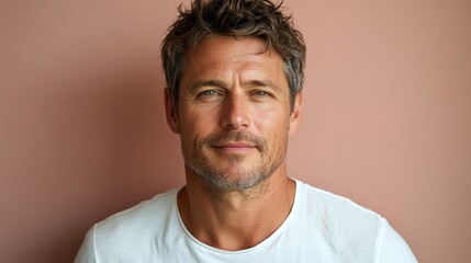 minimalistic portrait of adult caucasian softly smiling man is 40 years old wearing white T-shirt on beige pink color background