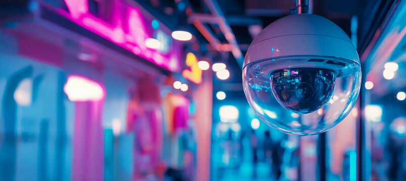 C&aacute;mara CCTV con lente, instalada en el techo o sistema de seguridad en el fondo de una tienda moderna. Primer plano de una c&aacute;mara domo blanca redonda con un reflejo azul en el cristal en el interior d