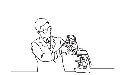 Continuous line drawing of male Scientist Using Microscope.Medical Development Research Laboratory.A young man researcher working in the lab, with test tube research.Healthcare and medicine concept 