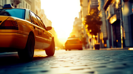 Urban sunset taxi ride on international taxi day - capturing vibrant city streets and classic...