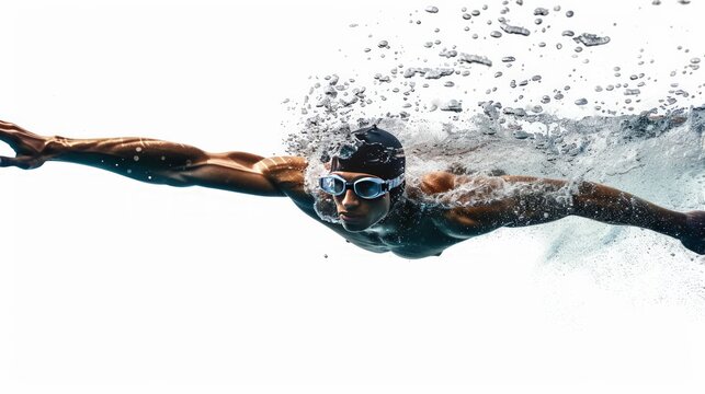 A full-body shot of a person swimming with determination on a white background.