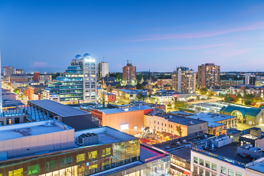Kitchener, Ontario, Canada cityscape at dusk.