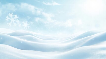 A snowy landscape with a bright blue sky and a sun shining through the clouds. The snow is piled up in the hills and the sky is clear