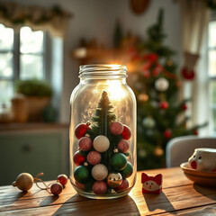 Miniature christmas tree baubles preserved in an oldfashioned jar in the countryside kitchen | Winter mood