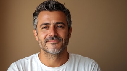 Fototapeta premium portrait of Turkish softly smiling man is 40 years old wearing white T-shirt on beige color background, copy space