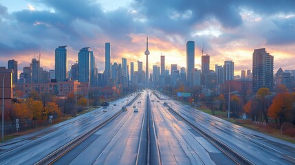 Obraz premium Urban Expressway with City Skyline at Sunset